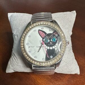 Betsey Johnson Black Cat with Blue Eyes Watch with Crystal Bezel
